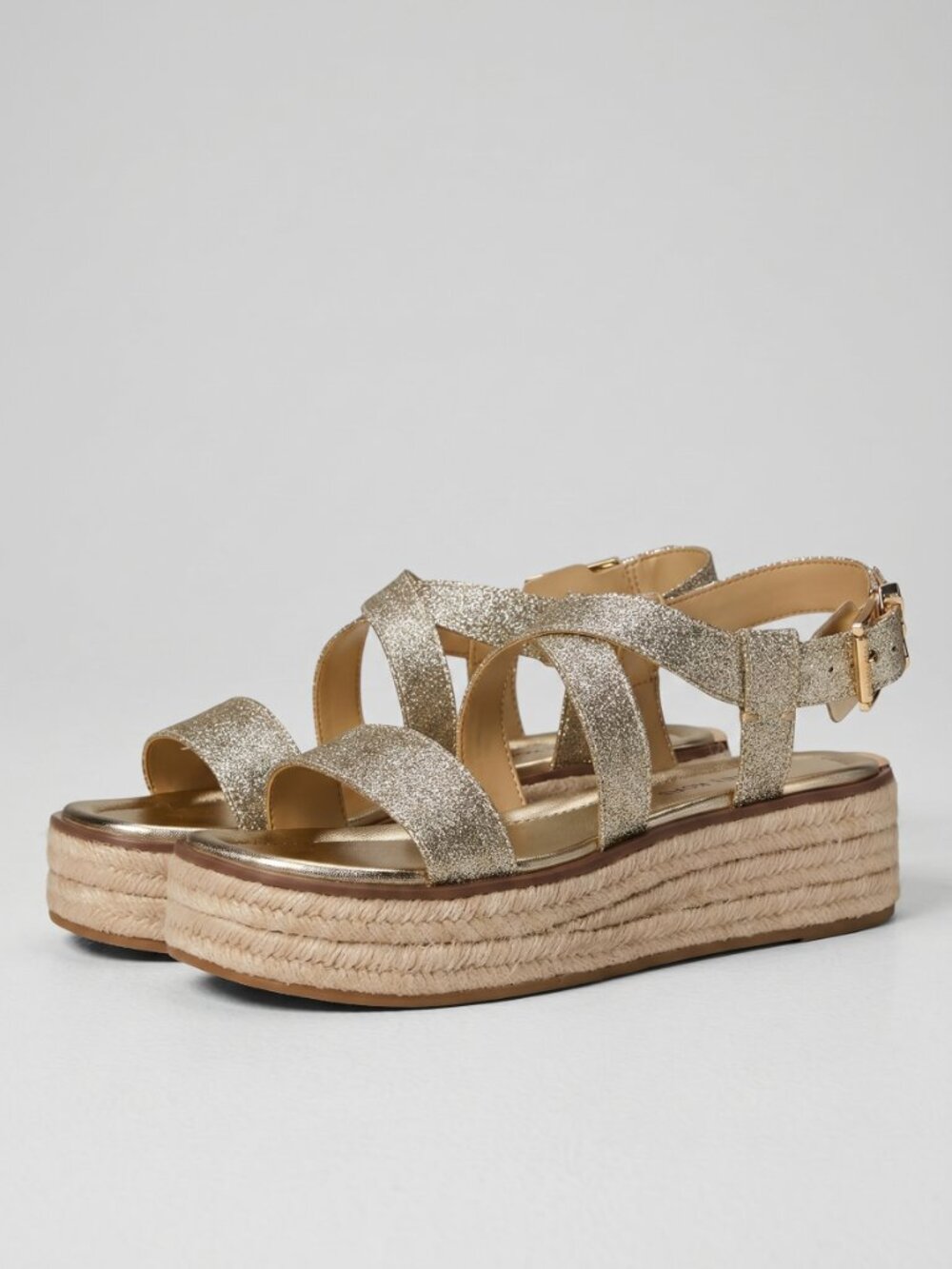 Michael Kors Lynn Espadrille Sandals Gold Metallic Leather Jute Sole Platform - Picture 2 of 7